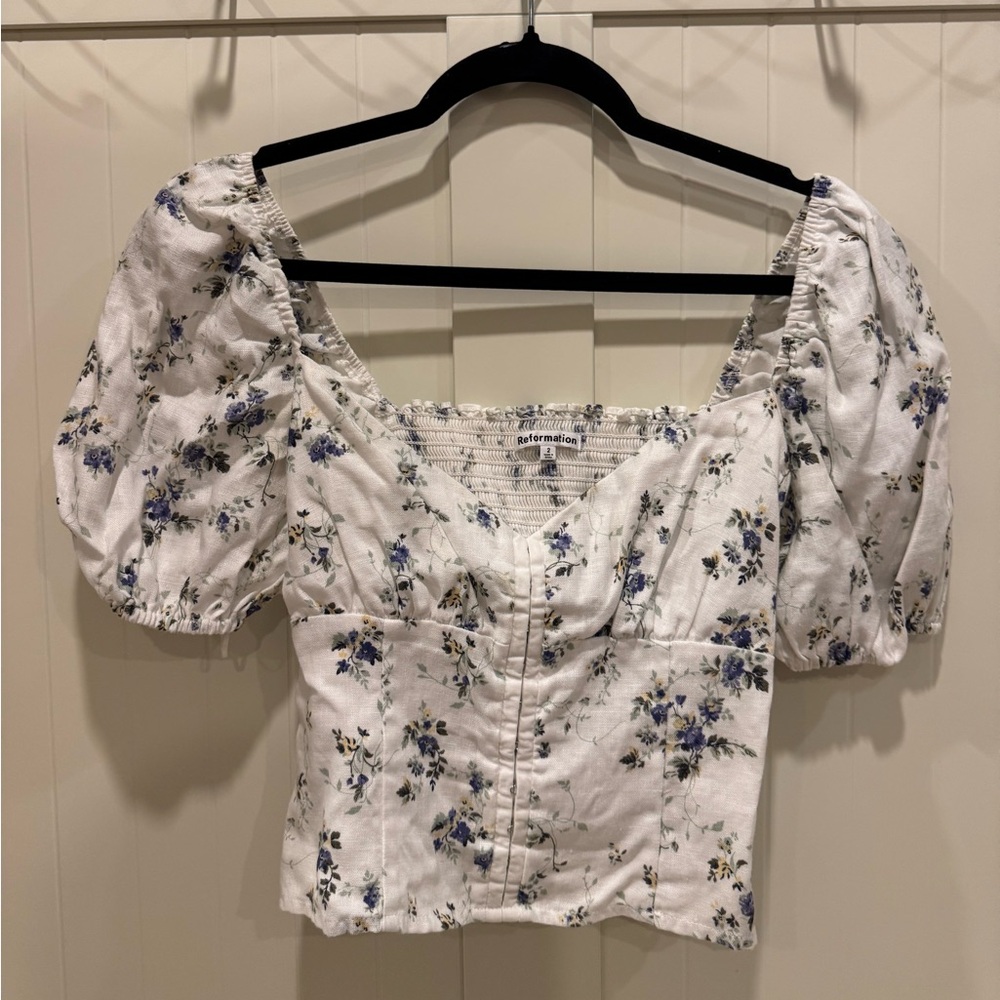 Reformation Ivory Floral Puff Sleeve Blouse